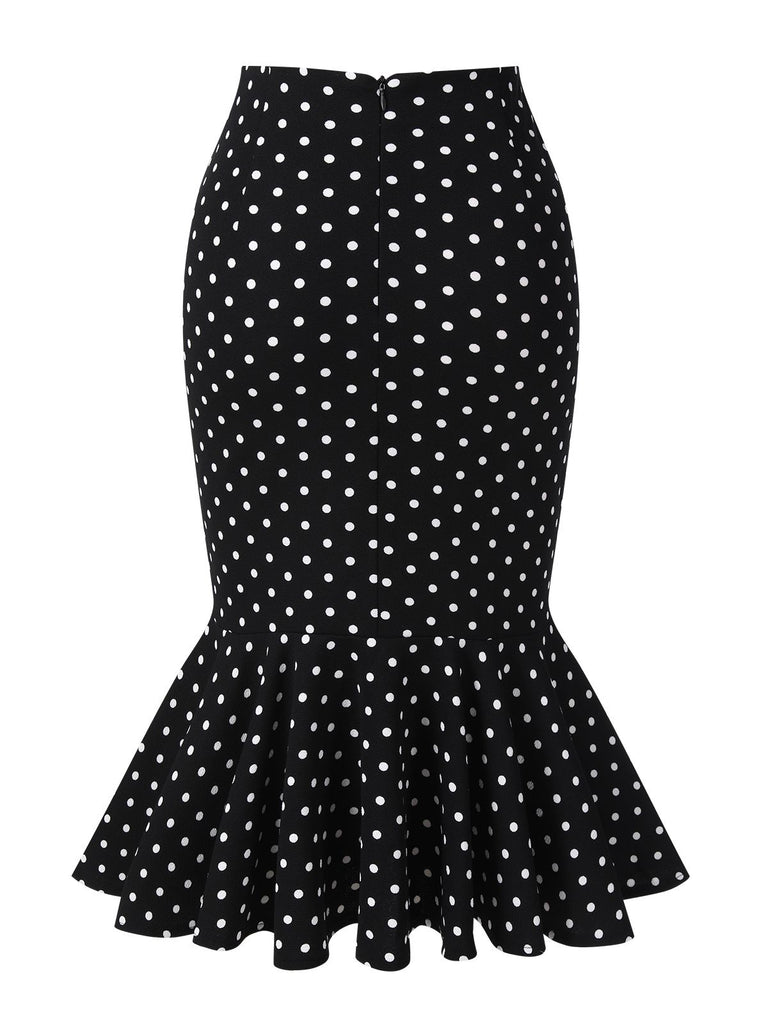 Black 1930s Polka Dots Fishtail Skirt