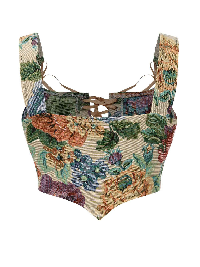 Multicolor 1960s Floral Lace-Up Bustier Crop Top