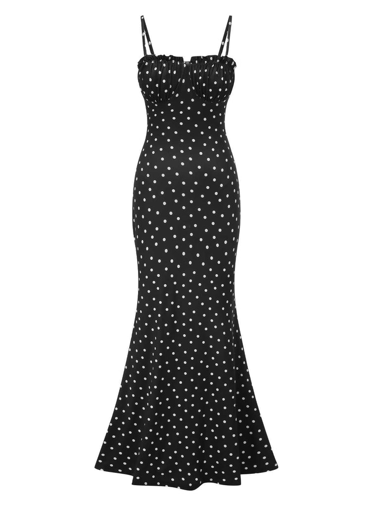 Black 1930s Polka Dots Backless Mermaid Maxi Dress