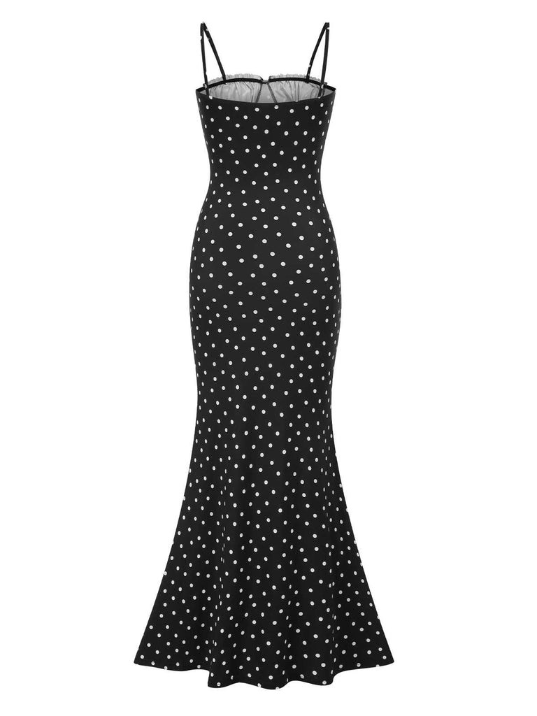 Black 1930s Polka Dots Backless Mermaid Maxi Dress