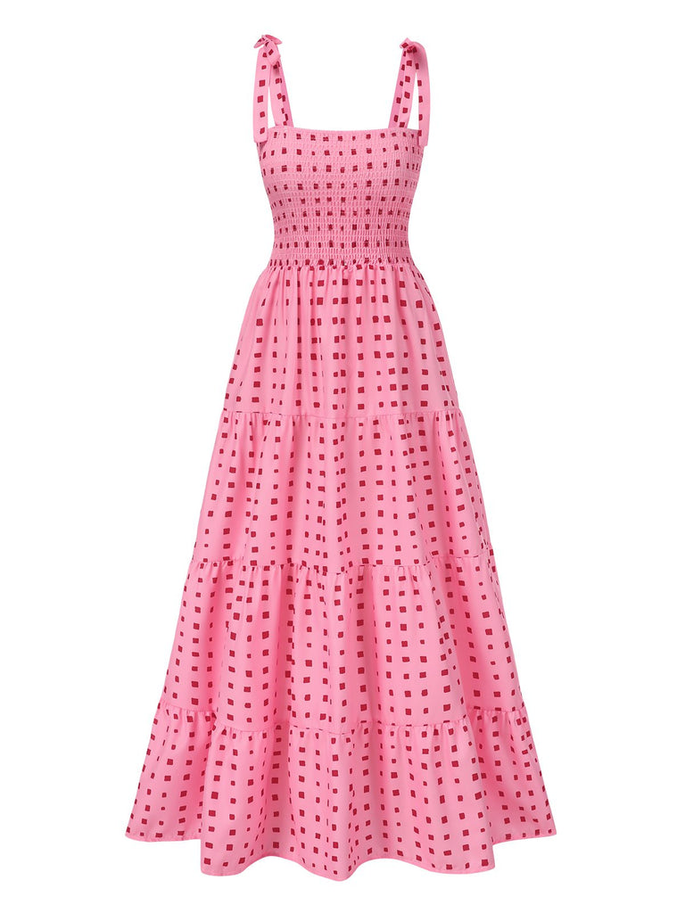 Pink 1940s Shoulder Tie Smocked Maxi Dress