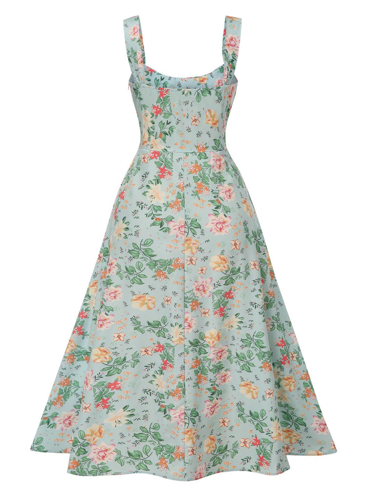 Green 1940s Wide Straps Floral Dress