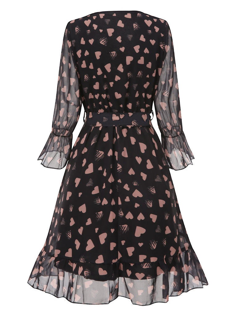 Black 1940s Heart Sheer Sleeves Wrap Dress