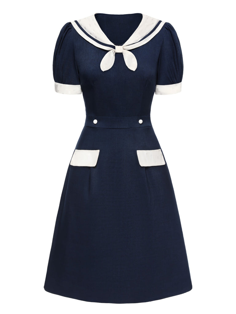 [Pre-Sale] Blue 1960s Dots Patchwork Sailor Collar Dress