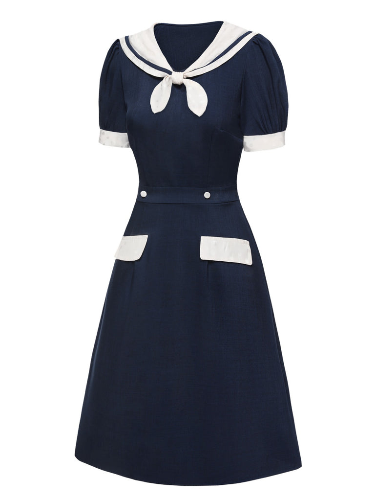 [Pre-Sale] Blue 1960s Dots Patchwork Sailor Collar Dress