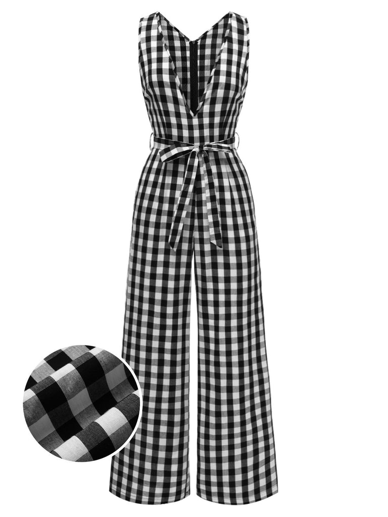 [Pre-Sale] Black 1940s V-Neck Gingham Plaid Cotton Jumpsuit