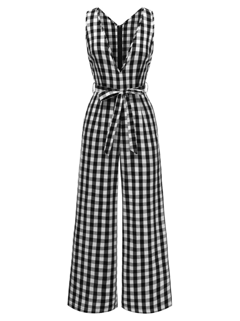 [Pre-Sale] Black 1940s V-Neck Gingham Plaid Cotton Jumpsuit