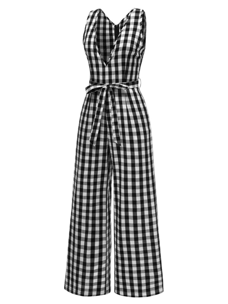 [Pre-Sale] Black 1940s V-Neck Gingham Plaid Cotton Jumpsuit