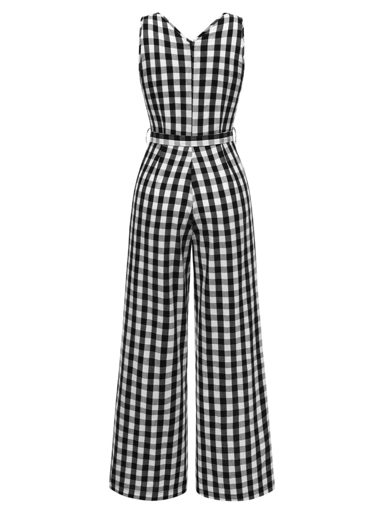 [Pre-Sale] Black 1940s V-Neck Gingham Plaid Cotton Jumpsuit