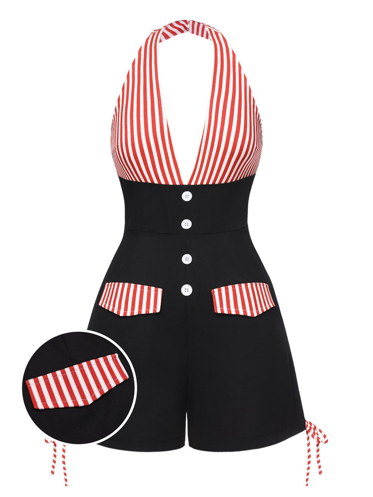 [Pre-Sale] Black 1950s Stripe Patchwork Halter Romper