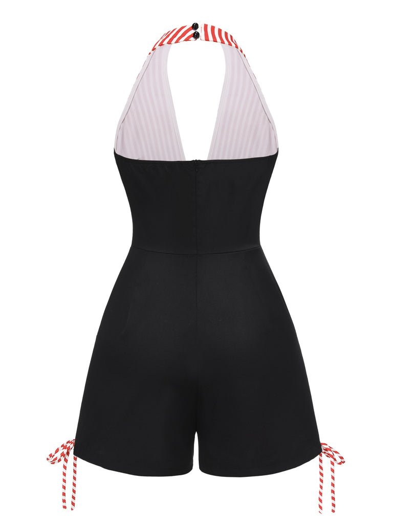 [Pre-Sale] Black 1950s Stripe Patchwork Halter Romper