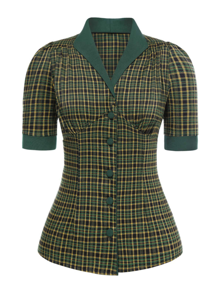 [Pre-Sale] Dark Green 1940s Lapel Plaids Blouse