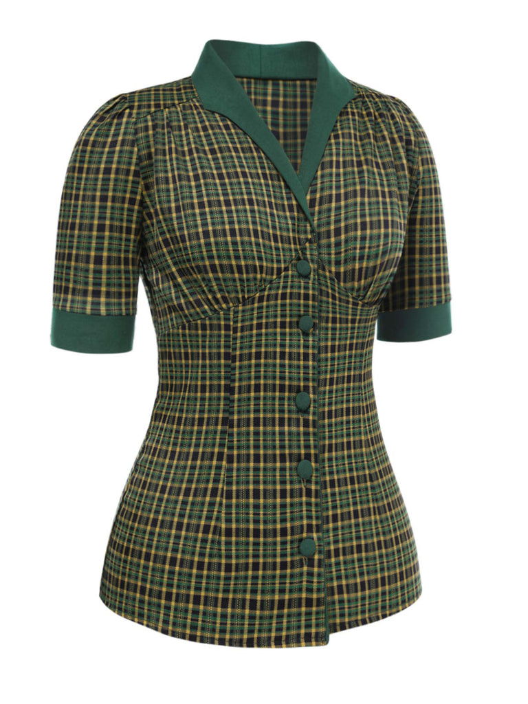 [Pre-Sale] Dark Green 1940s Lapel Plaids Blouse