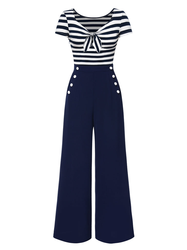 Blue 1950s Hollow Bow Stripe Patchwork Jumpsuit