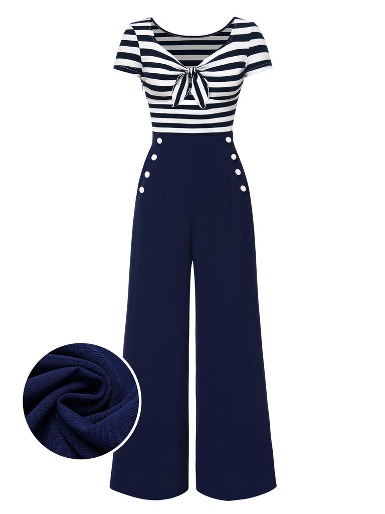 Blue 1950s Hollow Bow Stripe Patchwork Jumpsuit