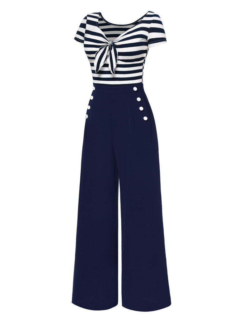 Blue 1950s Hollow Bow Stripe Patchwork Jumpsuit