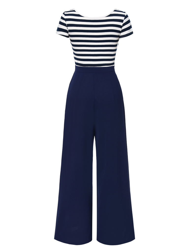 Blue 1950s Hollow Bow Stripe Patchwork Jumpsuit