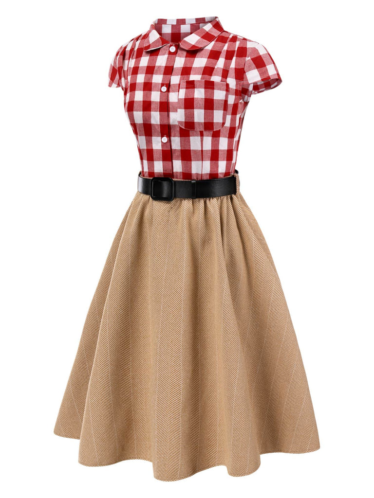 [Pre-Sale] 2PCS 1950s Lapel Gingham Shirt & Belted Skirt