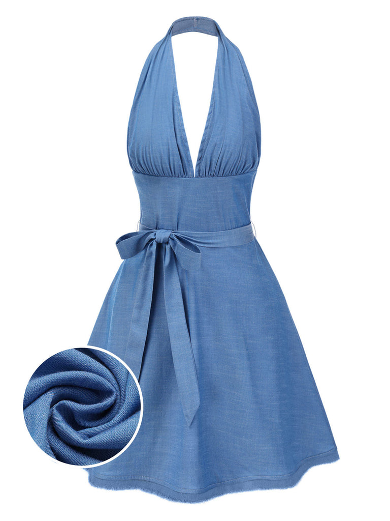 [Pre-Sale] Blue 1970s Halter Deep V-Neck Bow Backless Dress