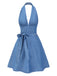 [Pre-Sale] Blue 1970s Halter Deep V-Neck Bow Backless Dress