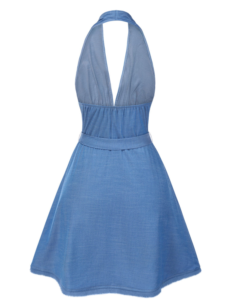 [Pre-Sale] Blue 1970s Halter Deep V-Neck Bow Backless Dress