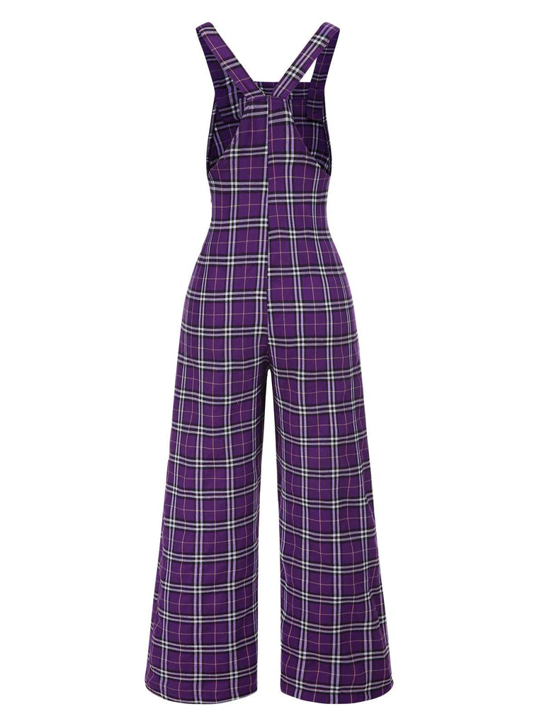 Purple 1960s Plaids Wide-Leg Overall Jumpsuit