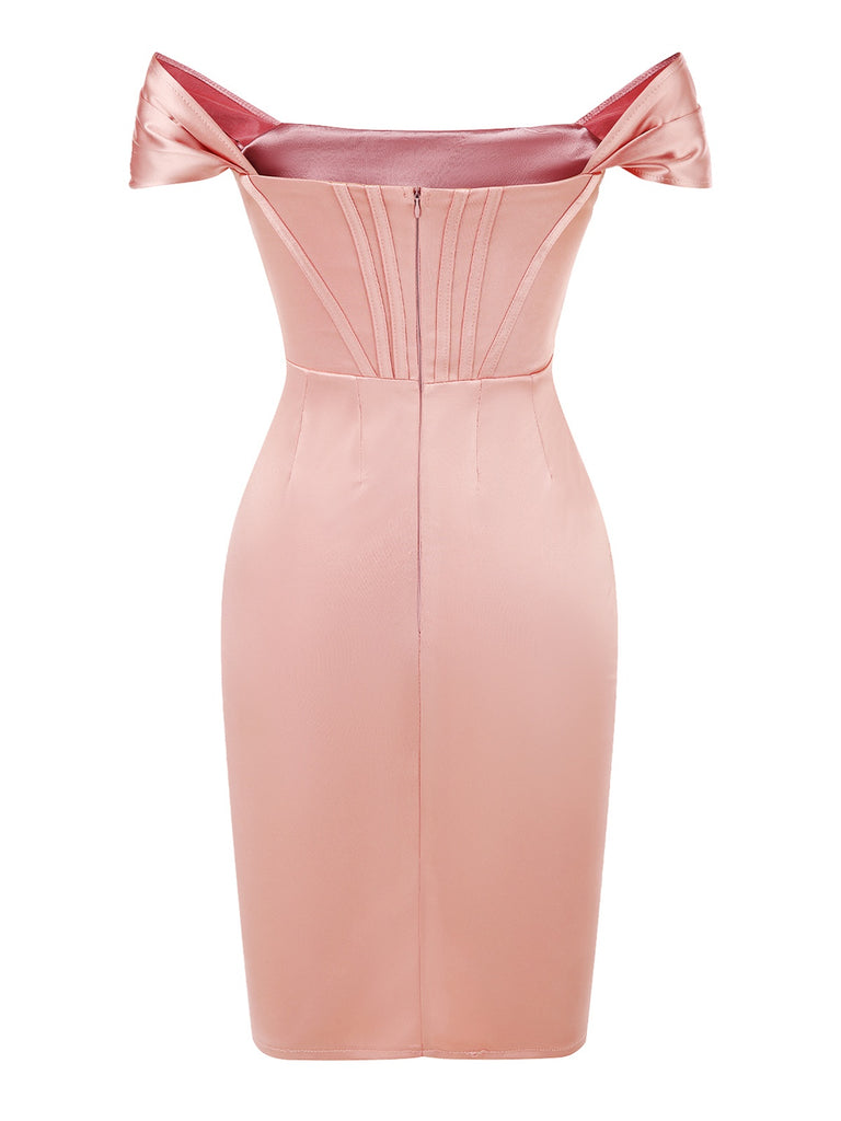 Peach Pink 1960s Solid Cap Sleeves Satin Dress