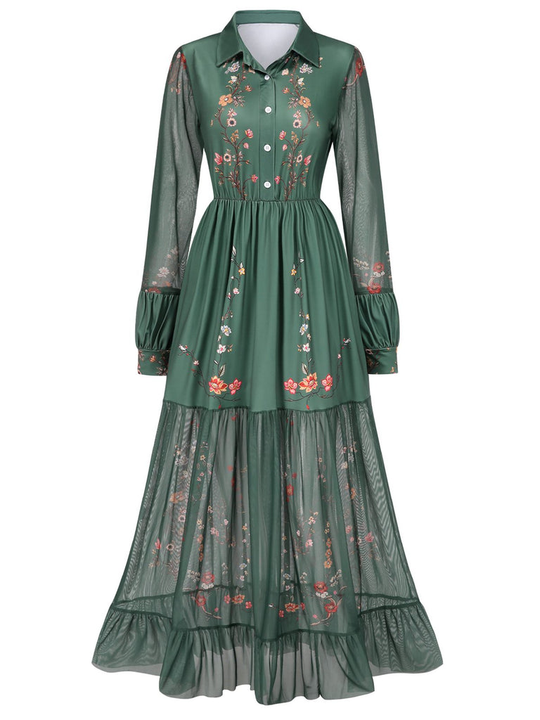 Green 1930s Floral Mesh Patchwork Maxi Dress