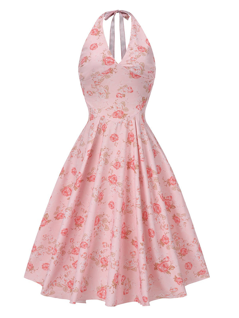 Pink 1950s Floral V-Neck Halter Dress