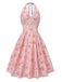 Pink 1950s Floral V-Neck Halter Dress