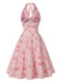 Pink 1950s Floral V-Neck Halter Dress