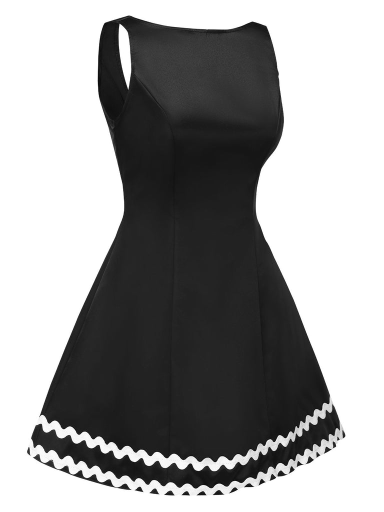 Black 1950s Backless Zigzag Trim A-Line Dress