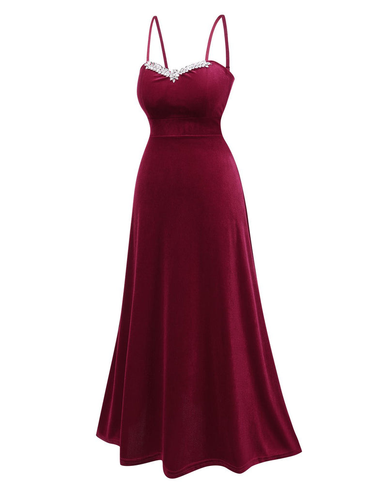 Wine Red 1950s Spaghetti Strap Crystal Velvet Dress