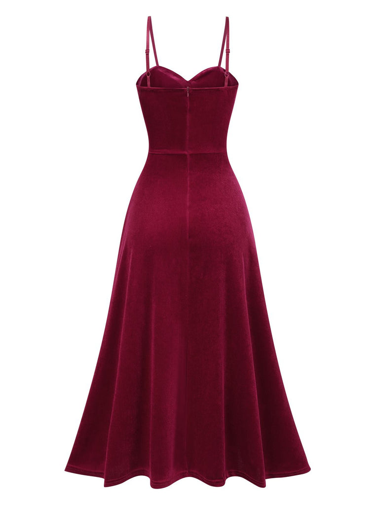 Wine Red 1950s Spaghetti Strap Crystal Velvet Dress