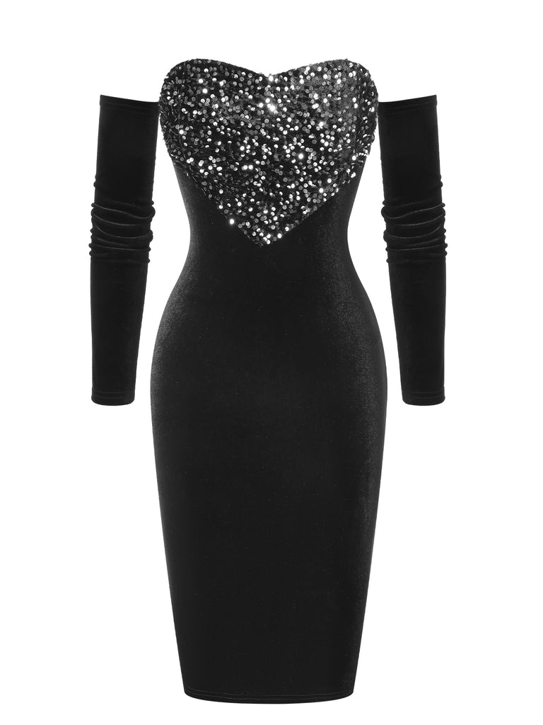 Black 1960s Heart Shape Sequined Patchwork Dress