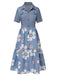 Blue 1940s Lapel Button Floral Dress