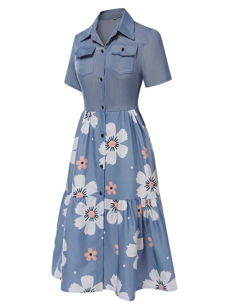 Blue 1940s Lapel Button Floral Dress