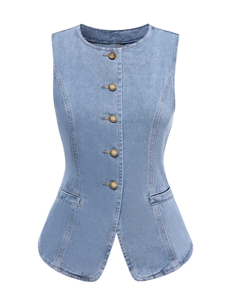 2PCS Blue 1940s Sleeveless Vest & Wide-Leg Denim Jeans