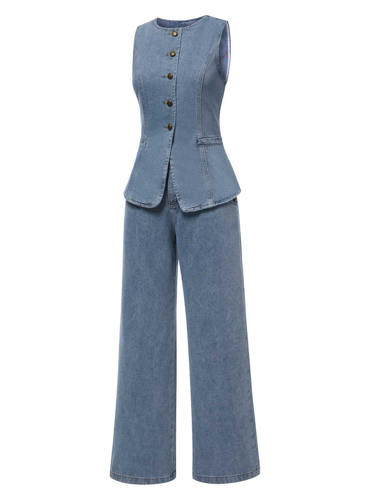 2PCS Blue 1940s Sleeveless Vest & Wide-Leg Denim Jeans