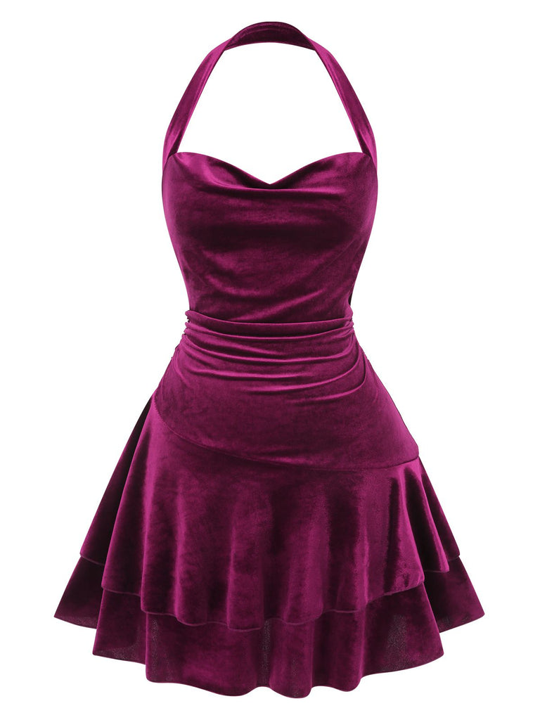 Wine Red 1950s Solid Halter Velvet Dress