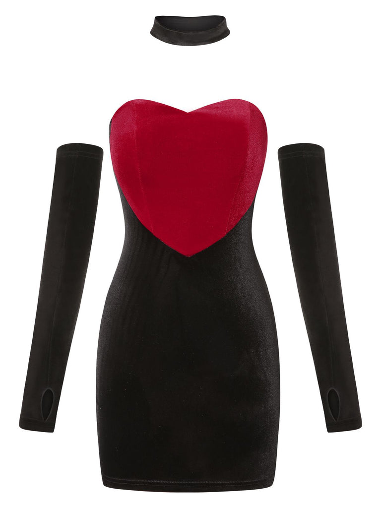 Red&Black 1960s Heart Shape Patchwork Dress