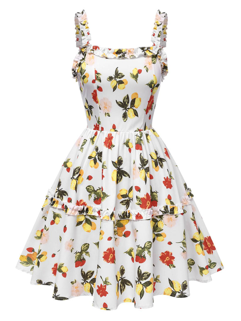 Multicolor 1940s Back Hollow Lemon Floral Dress