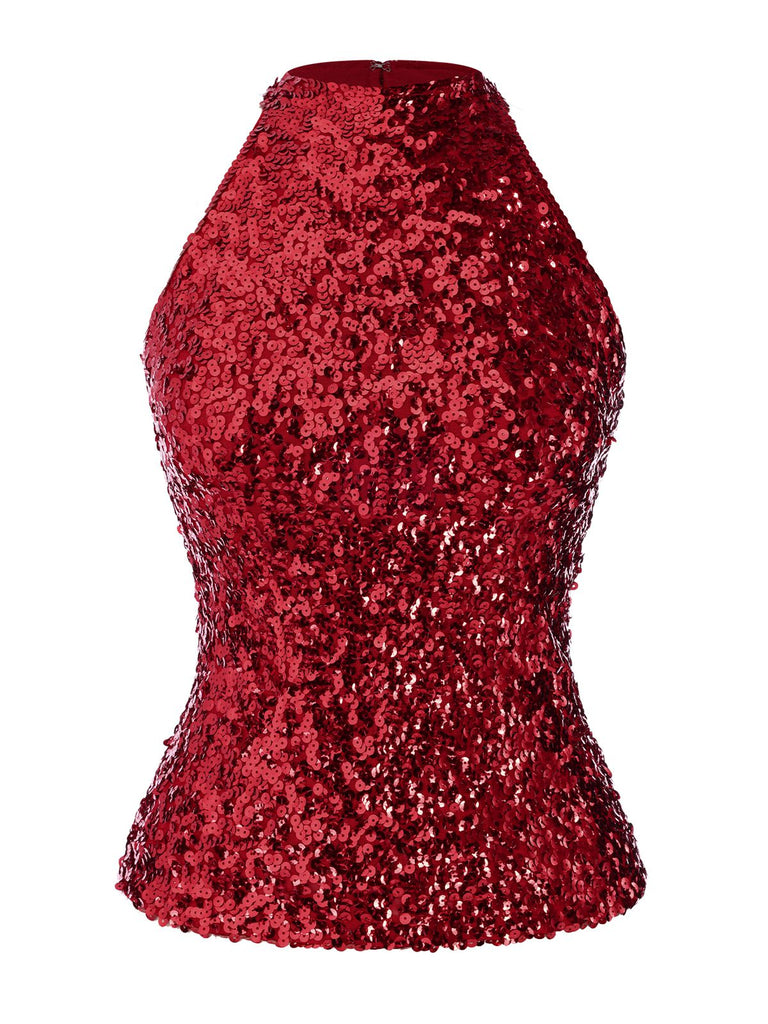 Red 1960s Sequins Sleeveless Top