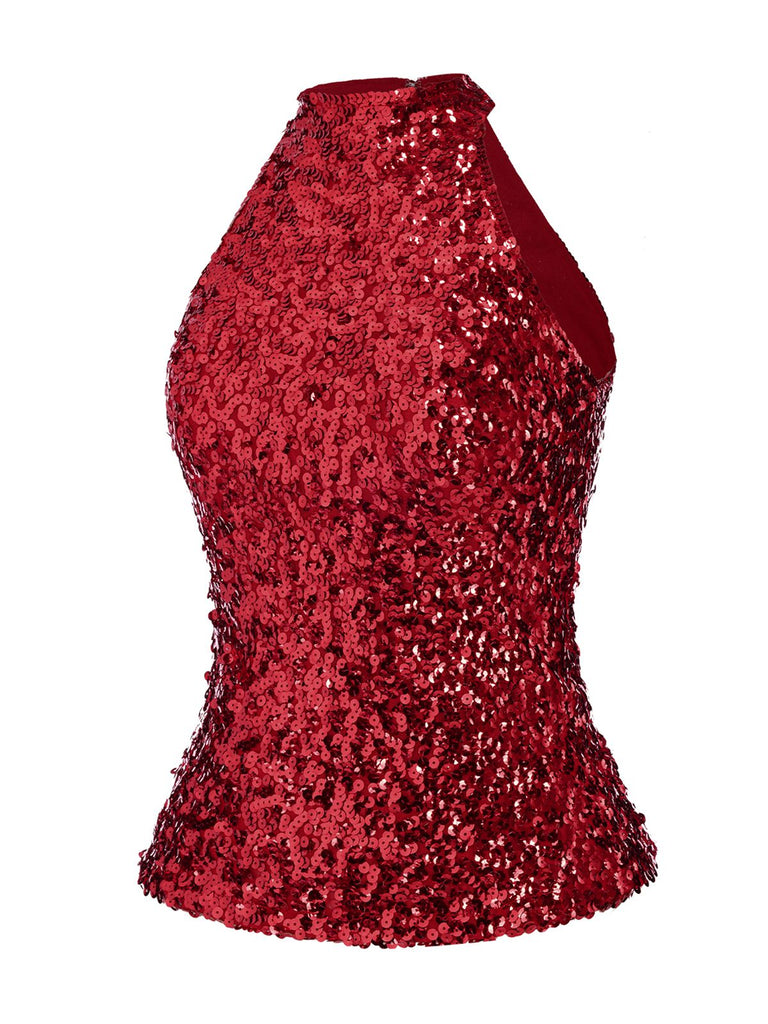 Red 1960s Sequins Sleeveless Top