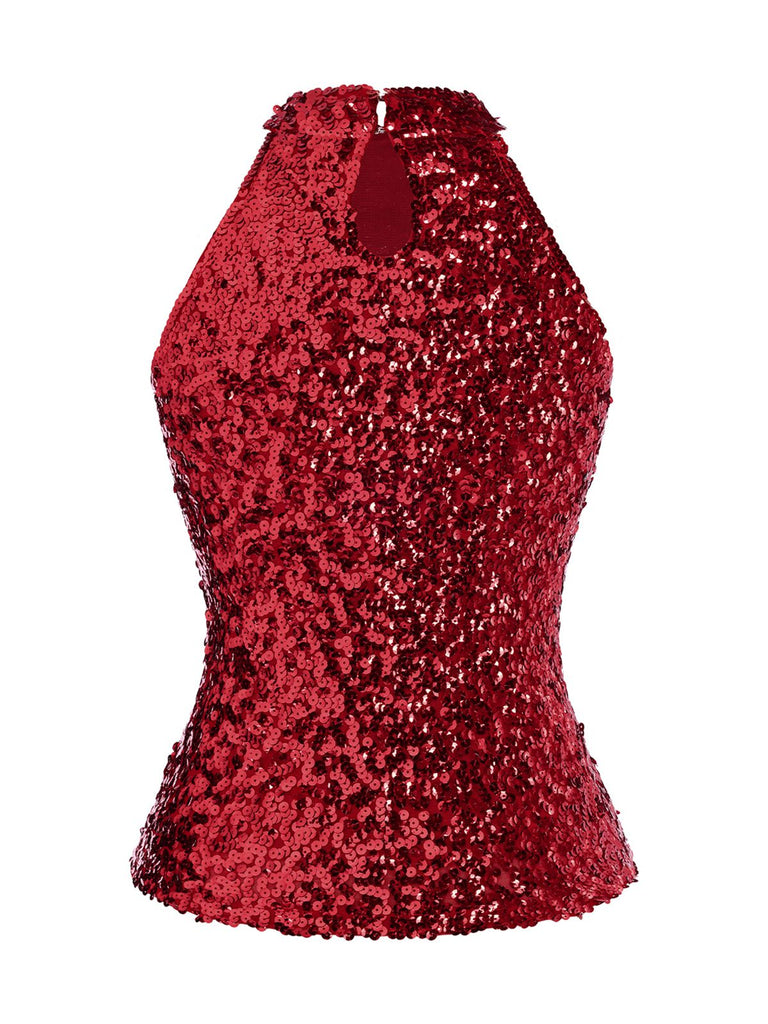 Red 1960s Sequins Sleeveless Top