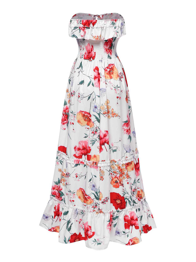 1930s Bandeau Floral Tiered Ruffle Hem Dress