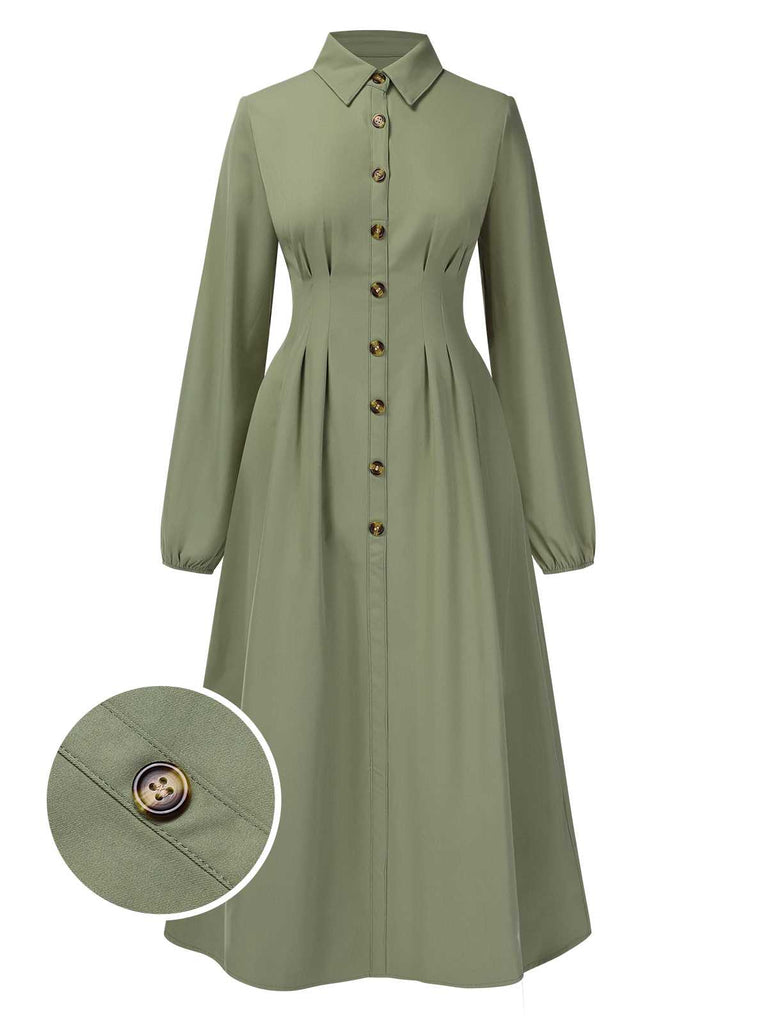 Green 1940s Shirt Neck Long Sleeve Solid Dress