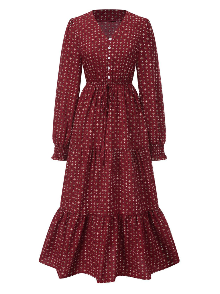 Wine Red 1940s Ruffled Long Sleeve Printed Dress