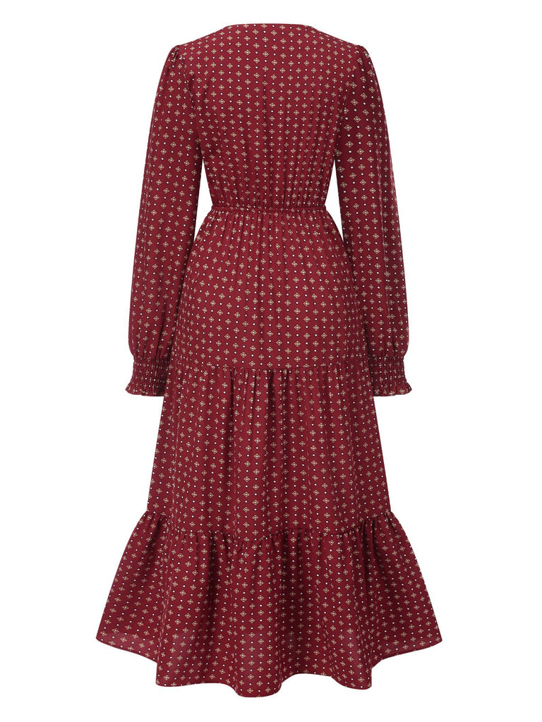 Wine Red 1940s Ruffled Long Sleeve Printed Dress