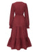 Wine Red 1940s Ruffled Long Sleeve Printed Dress